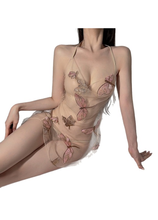 Set Lenjerie Sexy Transparenta cu Bandaje, Galben deschis, Marime Unica