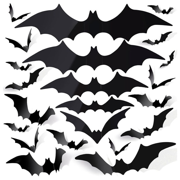 140 db denevér Halloween dekoráció, Rqiurpn, 5 méret, 3D falmatricák, beltéri és kültéri, fekete