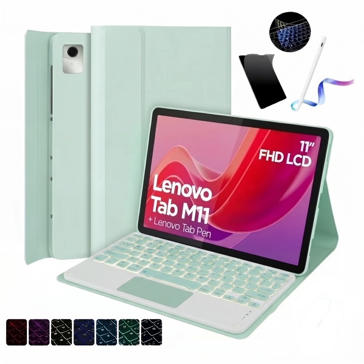 Husa protectie tableta Lenovo Xiaoxin M11 2025, Ugo® ，cu tastatura Bluetooth tactila detasabila, iluminare 7 culori，a darui folie protectie ecran inclusa, stilou capacitiv, mouse, protectie silicon tastatura, verde menta
