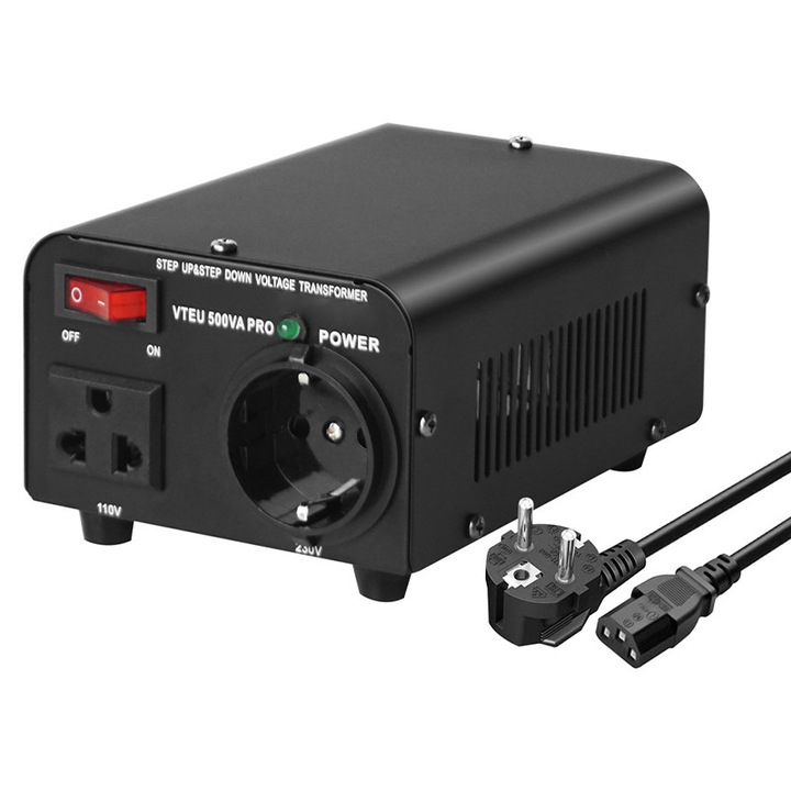 Transformator de tensiune, Rqiurpn, 500W, 220V-110V, Dimensiuni Compacte, Protectie La Supratensiune Si Scurtcircuit, Negru
