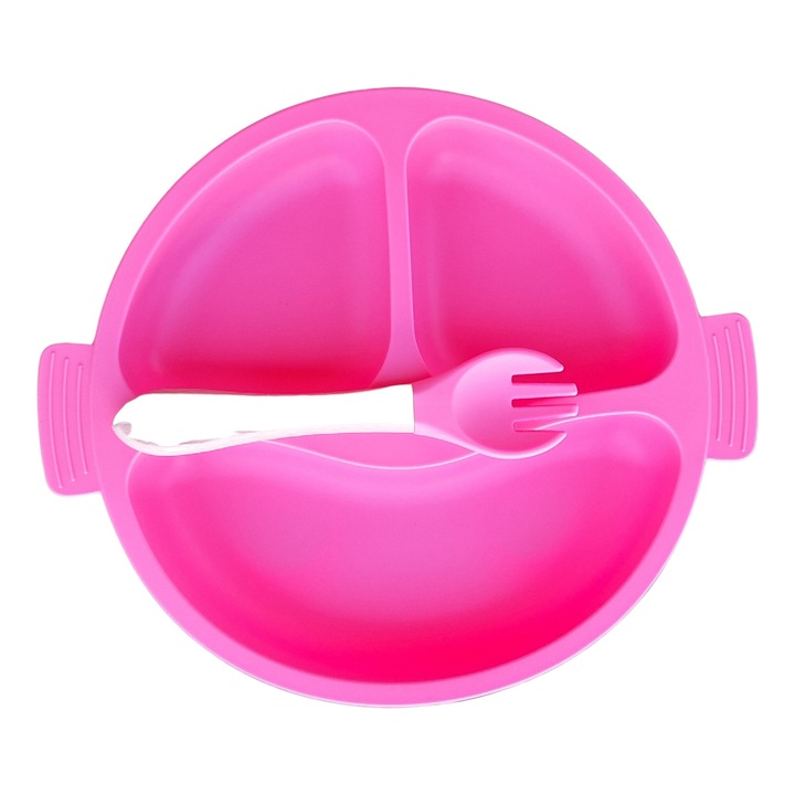 Комплект силиконови бебешки чинийки и вилици с вендуза - розови, без BPA