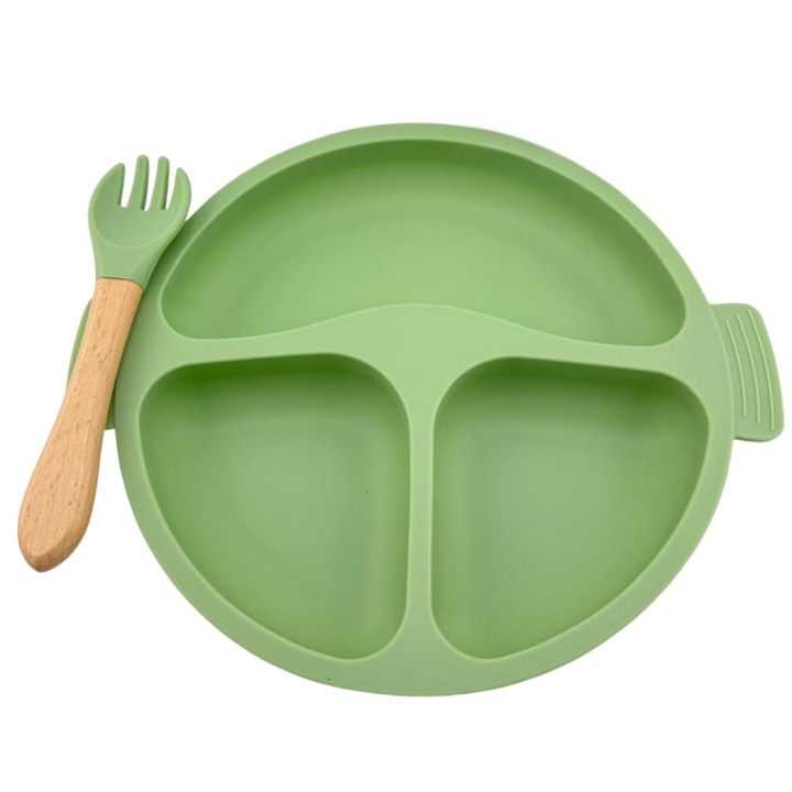 Комплект силиконови бебешки чинийки и вилици с вендуза - зелен, без BPA