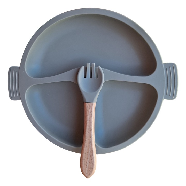 Комплект силиконови бебешки чинийки и вилици с вендуза - маслинено зелено, без BPA