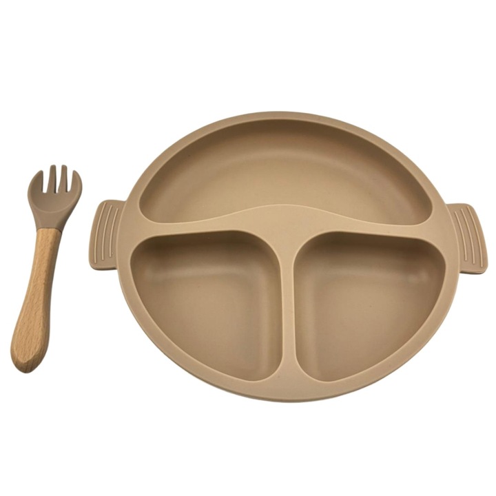 Комплект силиконови бебешки чинийки и вилици с вендуза - бежов, без BPA