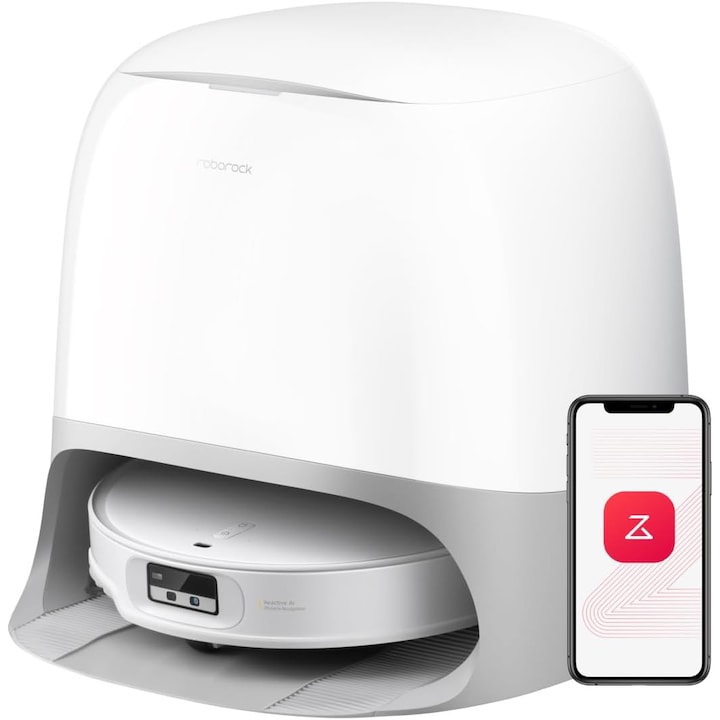 Robot de aspirare Roborock Qrevo CurvX, 22000 Pa, Corp ultra-subtire de 7,98 cm, Sistem dual anti-incurcare, Recunoastere reactiva a obstacolelor prin IA, Sasiu AdaptiLift, Autocuratare, Spalare si uscare cu apa calda, Alb