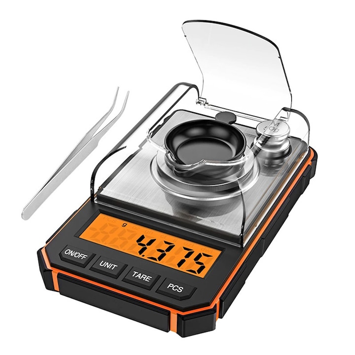 Precíziós elektronikus mérleg, Rqiurpn, 6 mértékegység, 0.001g pontosság, 50g maximális súly, Tárafunkció, Kalibrálási funkció, Nullázás, LCD kijelző, Ékszerhez vagy gyógyszerészeti célra