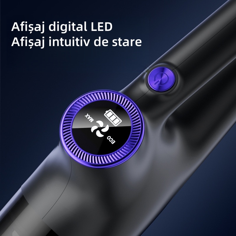 Aspirator fara fir, 120W, putere de aspirare 15Kpa, afisaj digital LED, utilizare umeda si uscata, recipient de praf de 650ml, 6000mAh, incarcare USB, 22x16.3x111cm, negru