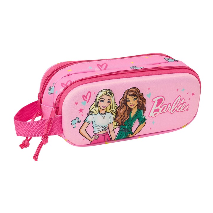 Penar dublu Barbie 21x8x6 cm Roz Fucsia 3D – Penar prescolar cu 2 compartimente si toarta de transport