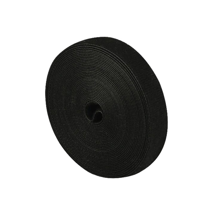 Велкро лента за организиране на кабели, ролка 5 м x 15 мм, двустранна (кука-примка), за многократна употреба, силно захващане, рязане по размер, найлон, черна