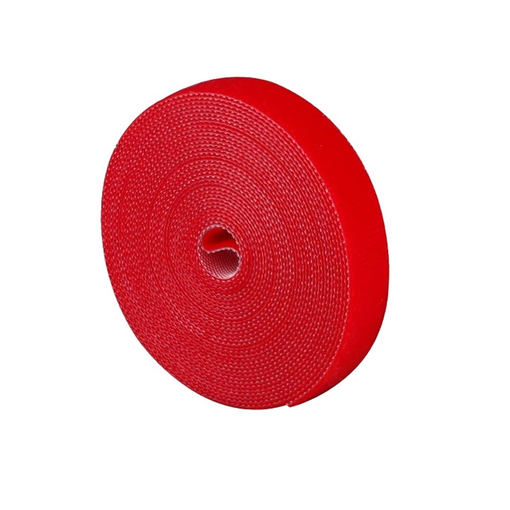 Велкро лента за организиране на кабели, ролка 5 м x 10 мм, двулицева (кукичка-примка), за многократна употреба, силно захващане, рязане по размер, найлон, червен