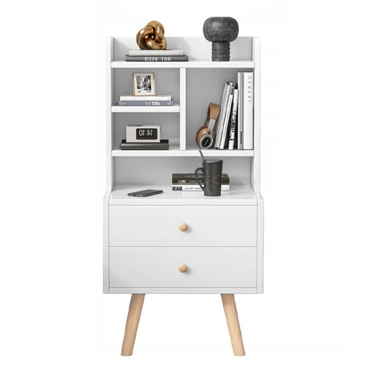 Kéts fiókos éjjeliszekrény könyvespolccal, skandináv stílus, hálószobába vagy . 36x43x90 cm BADU
