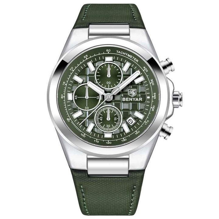 BENYAR BY-5206 férfi karóra, kvarc kronográf, luxus, bőrszíj, 3 Bar vízállóság, teljes naptár