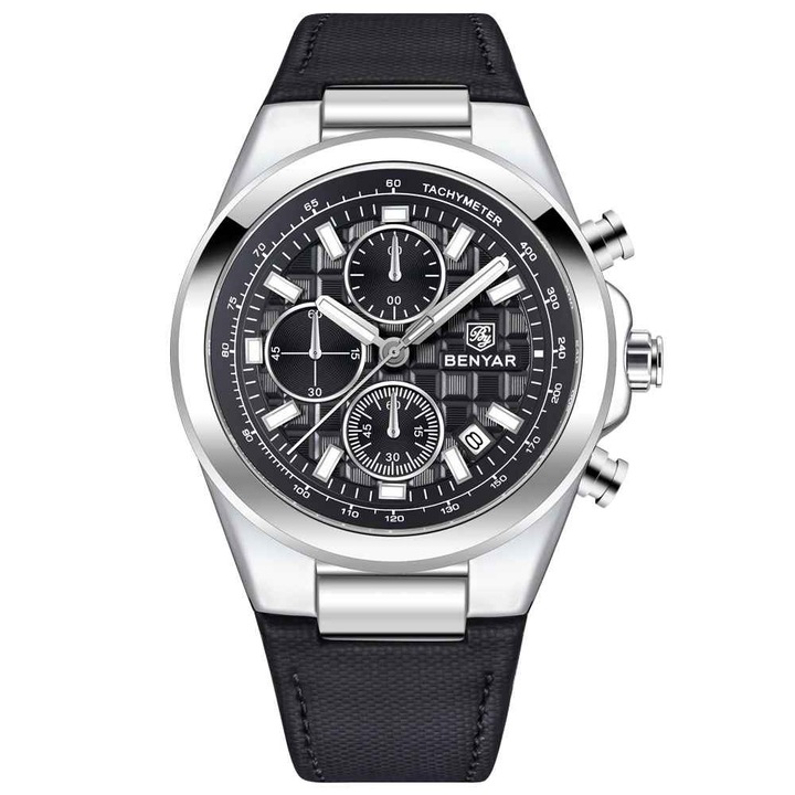 Férfi karóra BENYAR BY-5206, fekete számlap, kvarc kronográf, luxus, fekete bőrszíj, 3 Bar vízállóság