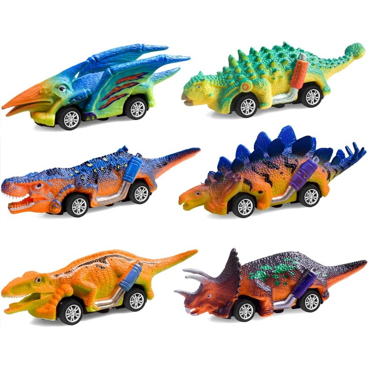 Set de 6 jucarii pentru copii cu masini dinozaur, vehicle cu retrucare, masini cu motor, pentru copii de peste 3 ani, din plastic, multicolore, 13 x 3,5 x 4 cm
