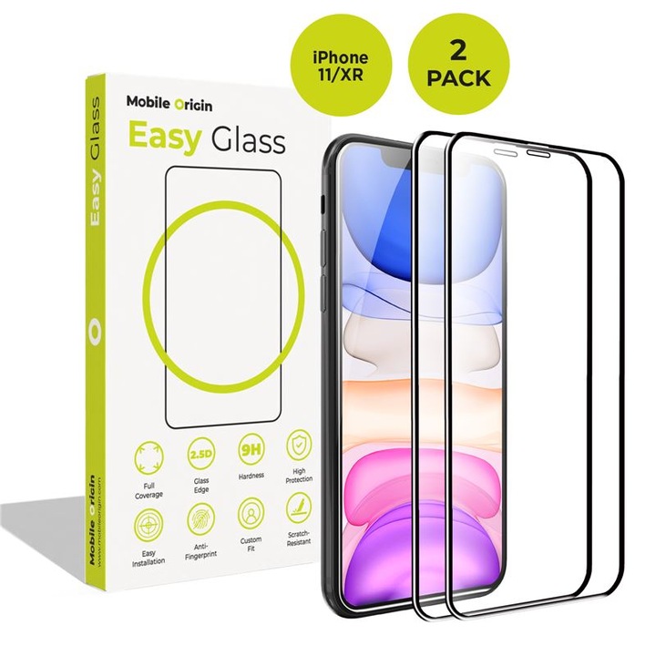 Set 2 folii sticla Mobile Origin EasyGlass compatibila cu iPhone 11/XR, Transparent