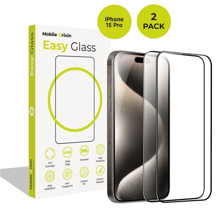 Set 2 folii sticla Mobile Origin EasyGlass compatibila cu iPhone 15 Pro, Transparent