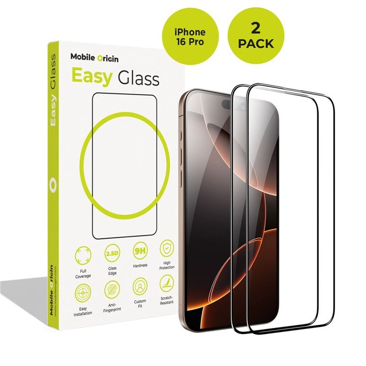 Set 2 folii sticla Mobile Origin EasyGlass compatibila cu iPhone 16 Pro, Transparent