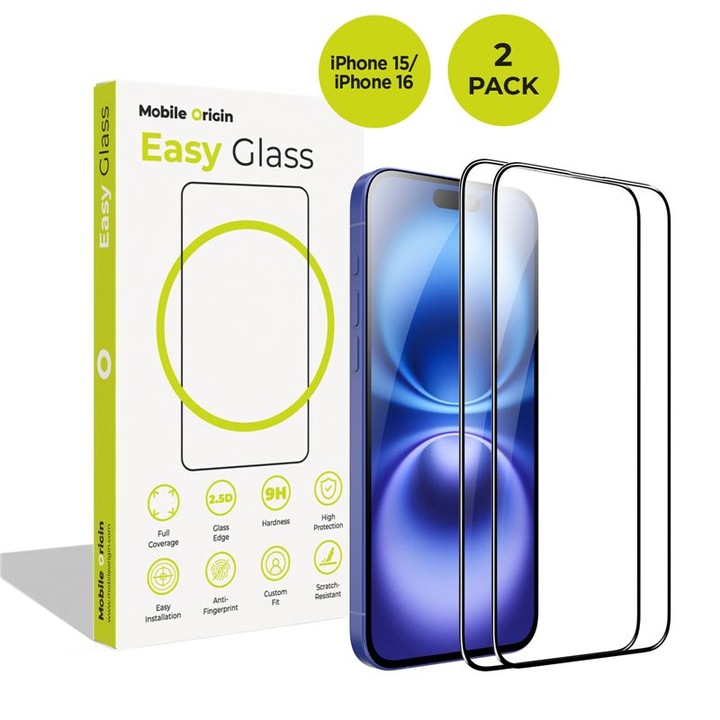 Set 2 folii sticla Mobile Origin EasyGlass compatibila cu iPhone 15/16, Transparent