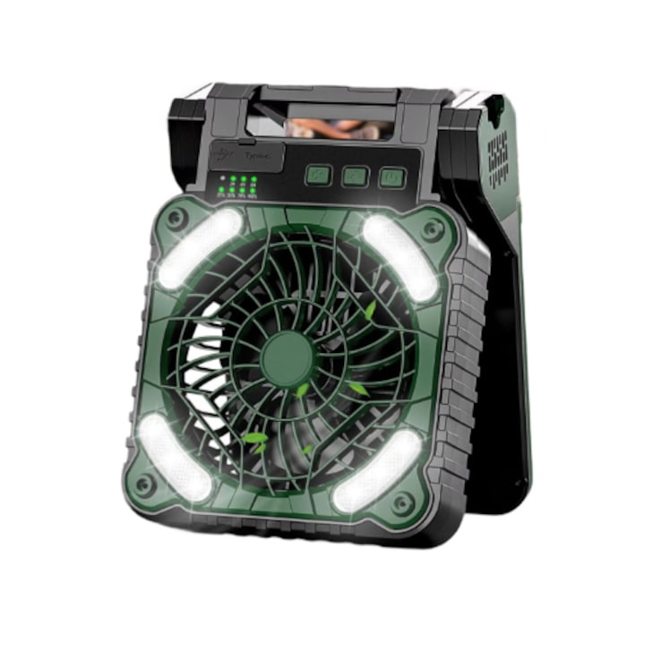 Ventilator de camping cu baterie de 10400Mah solar pentru exterior cu lumina led cu 4 viteze
