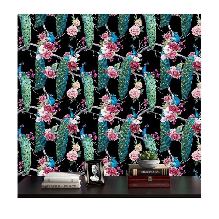 Öntapadós tapéta vintage virágokkal és páva mintával, többszínű, 44,5 cm x 3 m, ReWallpaper