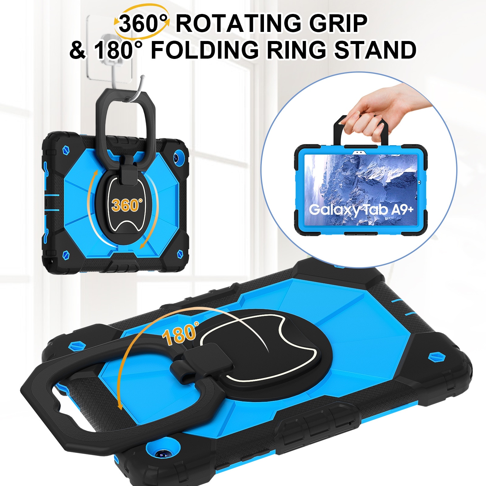 Husa tableta, Compatibil cu Samsung Galaxy Tab A9 Plus 11'', cu suport si curea de umar, silicon transparent antishock cu colturi intarite, suport integrat pentru stylus, Rezistent la uzura, ideala pentru filme, jocuri, lectii online si birou, Negru-albas