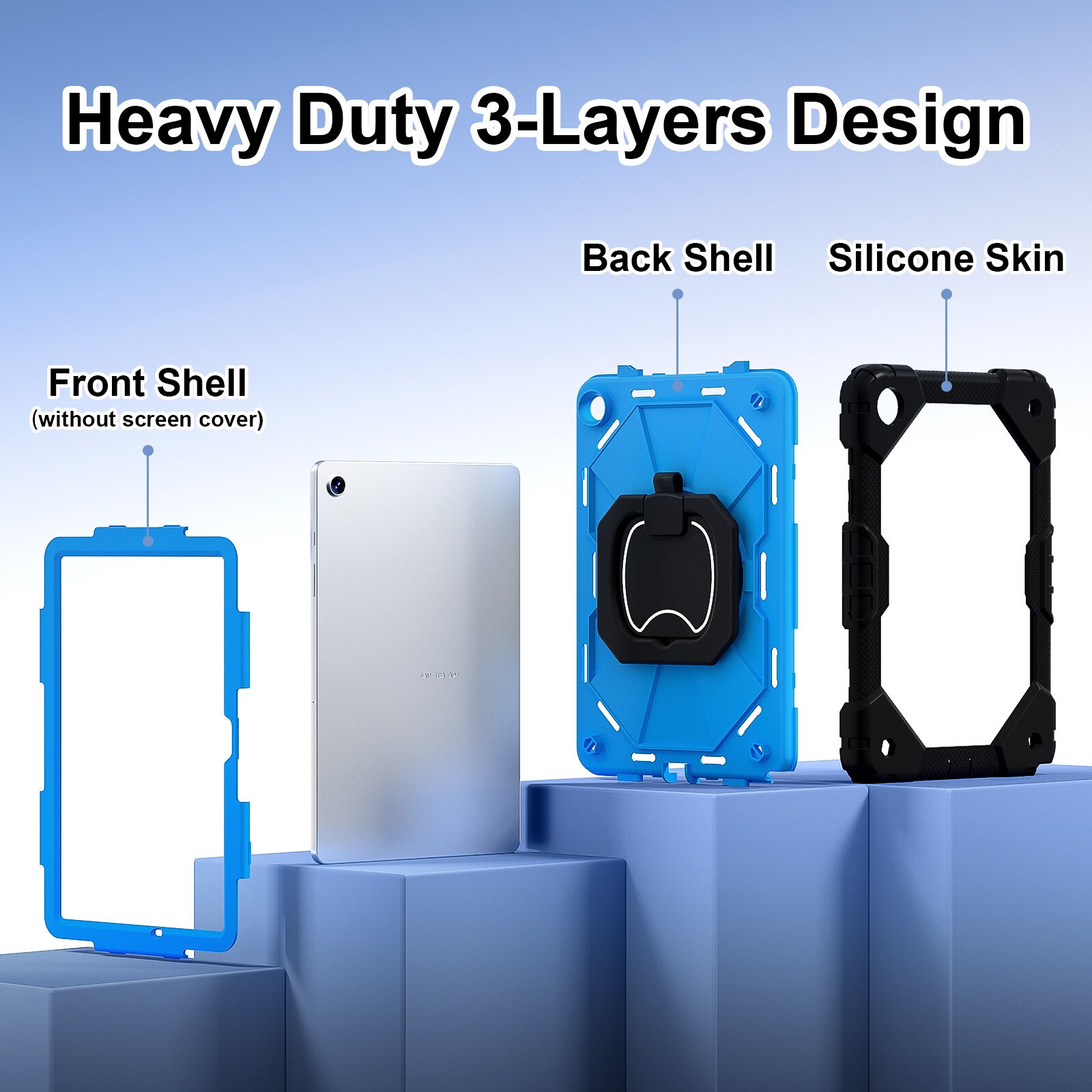 Husa tableta, Compatibil cu Samsung Galaxy Tab A9 Plus 11'', cu suport si curea de umar, silicon transparent antishock cu colturi intarite, suport integrat pentru stylus, Rezistent la uzura, ideala pentru filme, jocuri, lectii online si birou, Negru-albas