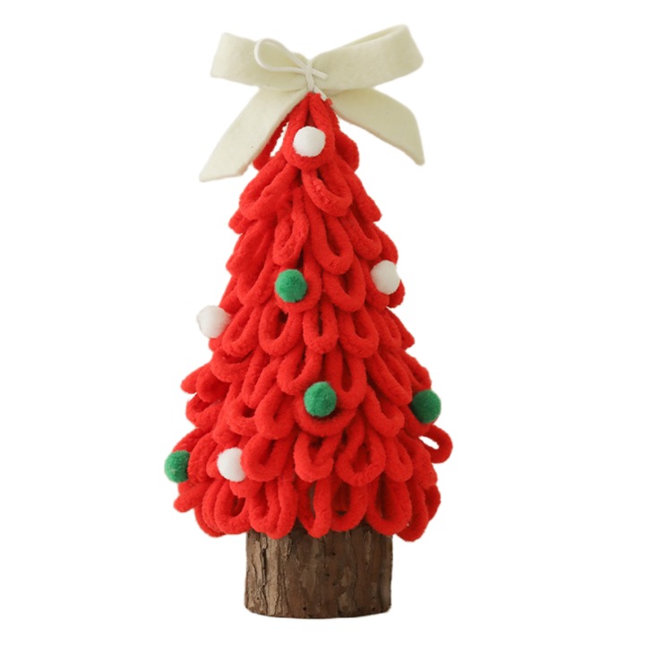 Brad de Craciun pufos, asamblare DIY, decorat cu funda in varf, cu bile pufoase jucause pe trunchi, cadou creativ manual excelent, potrivit pentru decorarea petrecerilor de Craciun, 27*14 cm, rosu/alb