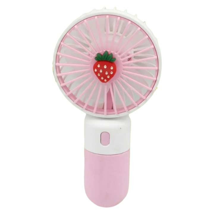 Преносим ръчен вентилатор GermaNova™ Strawberry Mini, захранван от USB акумулаторна батерия, живот на батерията 2-5 часа, бутон ВКЛ./ИЗКЛ., 3 скорости, розов/бял