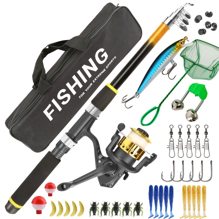 Set pescuit Lingo cu Lanseta Telescopica 1.8m, Inclus Roata de Fir, Cutie Accesorii, Plasa si Geanta de Transport, potrivit pentru incepatori, copii