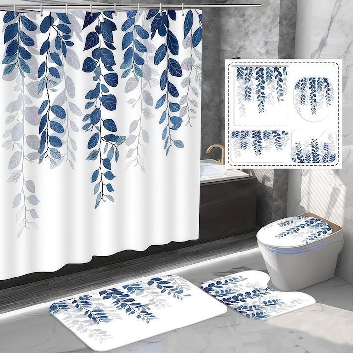 Set de baie 4 piese Lingo, draperie de dus, covor pentru toaleta, covor de baie, cuvertura, poliester impermeabil, material 120 g