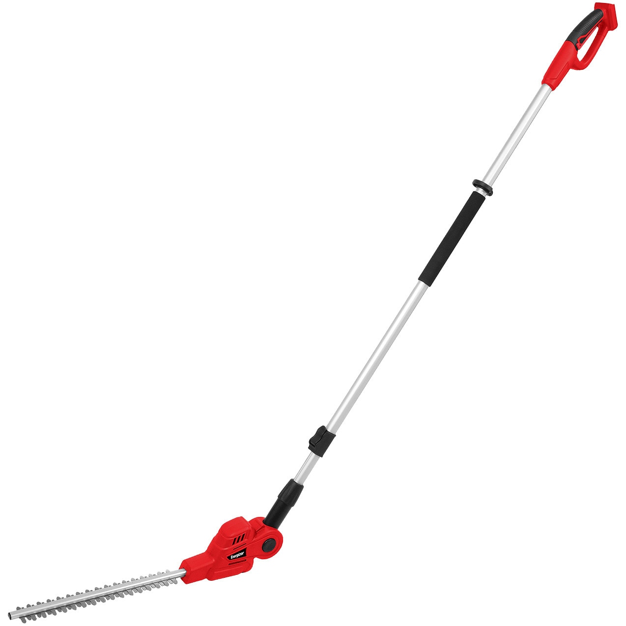 Foarfeca pentru tuns gard viu cu tija telescopica pe acumulator Energizer, 20V, 23mm distanta intre dinti, lungime lama 36cm, 1200rpm, maner telescopic din aluminiu, unghi ajustabil 6 pozitii, fara acumulator/incarcator