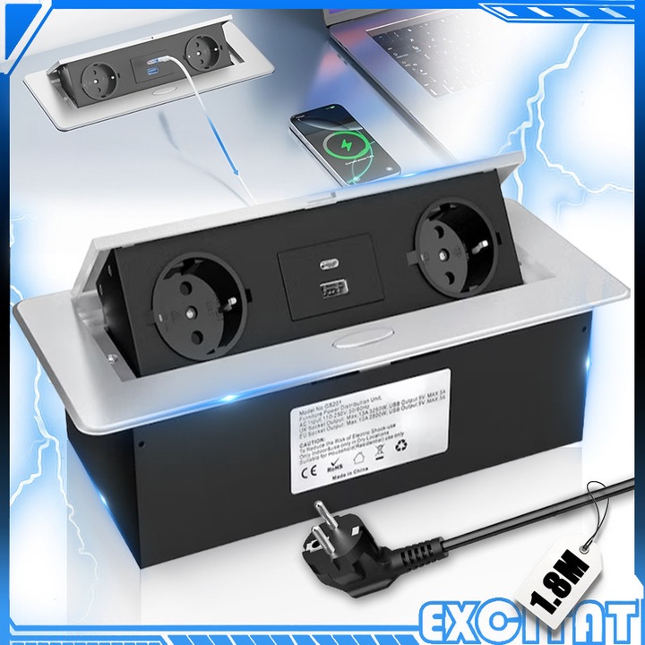 Вграден контакт в мебели, EXCITAT®, 2 европейски контакта, 1 USB-A контакт и 1 USB-C контакт, 5V 2.1A, 2500W, За вграждане, Цинкова сплав, ABS, Дължина на кабела 1.8м, Подходящ за офис, Плот, Кухня, Бюро, Заседателна зала, Мултимедийни пространства