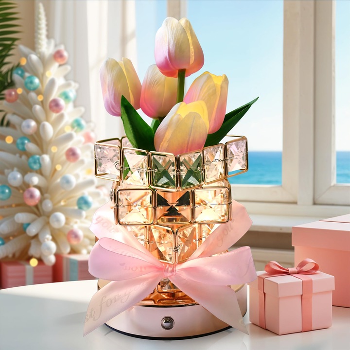 Lampa cu flori artificiale Lalele, LYCENXI, dimabila, roz, 3 culori, 11.7"x3.9"