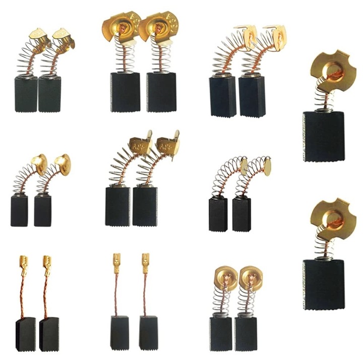 Készlet 20 szénkefe motorhoz, 10 méret, szén-rézötvözet anyag, 10 rekeszes rendező doboz