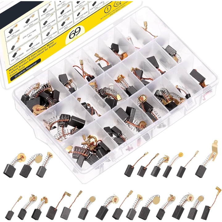Set 69 perii de carbon pentru motoare electrice, Pili-Paradise, 23 dimensiuni, material grafic, cu arcuri elastice