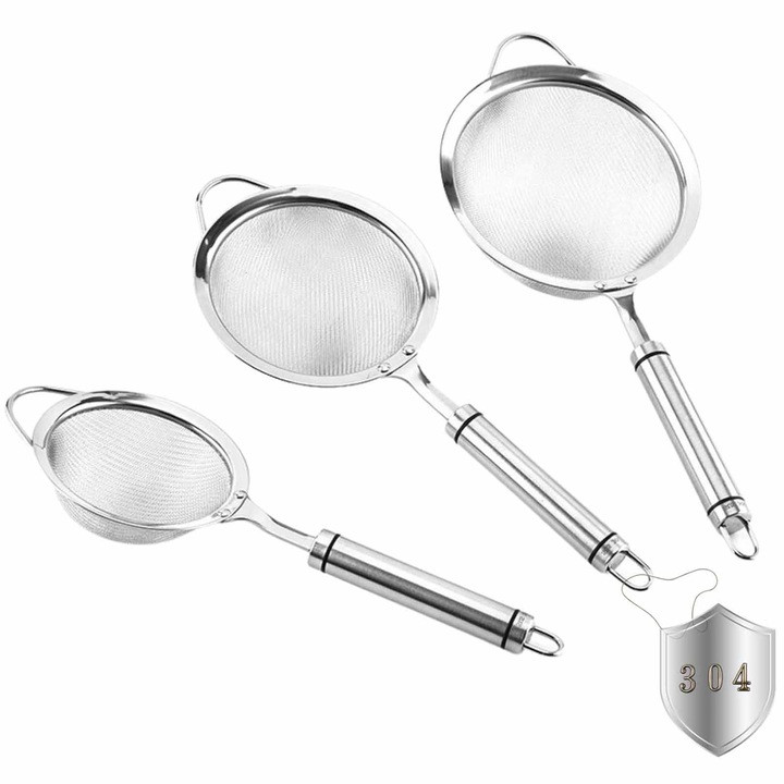 Set 3 sita, SINBINTA, Sita de bucatarie, Cu carlig si plasa fina, Maner ergonomic, Rezistenta de lunga durata, Lavabil si reutilizabil, Portabil, Rezistenta la uzura, Pentru cernerea ingredientelor uscate, faina, paste, orez, Inox, Argintiu
