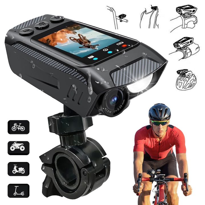 Camera Video Bicicleta 3 in 1, Tressino, Wi-Fi, Ecran 2.0 inch IPS, Acumulator 2500mAh, 4K Ultra HD 60 FPS, Inregistare 1080p Full HD, Suporta Card MicroSD 128GB, Rezistent la Apa, Lanterna, Claxon, Anti-tremurari
