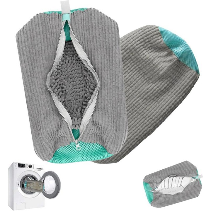 2 db cipőmosó zsák készlet, deformáció elleni védelem, zsenília anyag, szürke, 39x19cm
