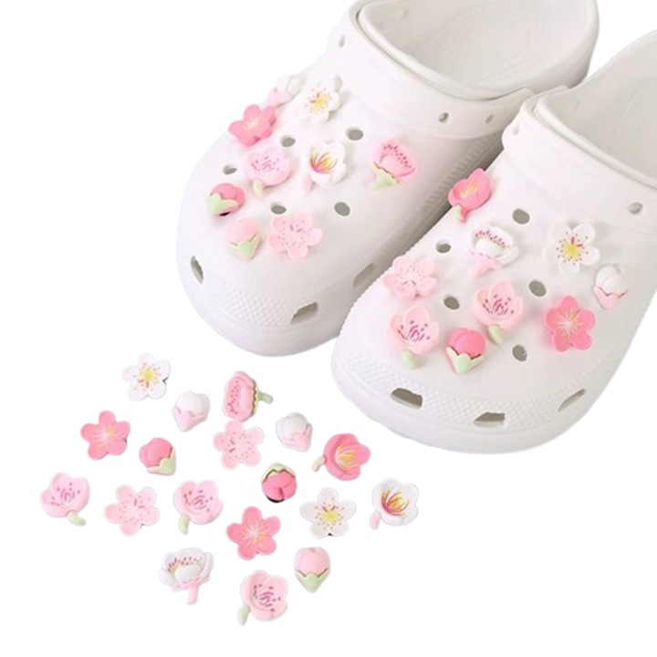 Set 11 accesorii decorative flori Sakura pentru incaltaminte, culori pastelate, material PVC