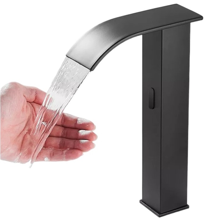 Baterie Chiuveta Baie BisDesign®, Functie Senzor pentru Inchidere si Pornire Apa, Tip Cascada, Finisaj Negru Mat, Dimensiune 31 cm