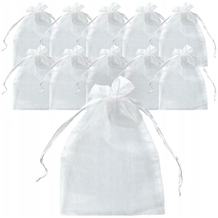 Készlet 52 fehér organza tasak húzózsinórral, ékszer csomagolás, 8x10cm