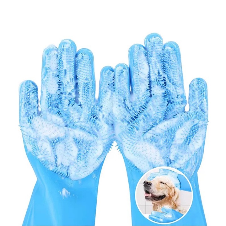 Kék szilikon fürdető/kefélő kesztyű állatoknak, hőálló, dupla felhasználású