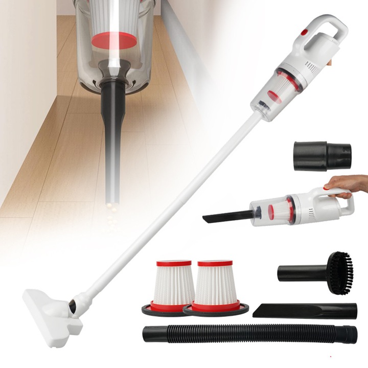Aspirator vertical fara fir, Suness, Recipient de praf de 500 ml, 2 filtre HEPA, mai putin de 20 dB, putere de aspirare mare, 12000Pa, 120W, Filtru detasabil, Tub extensibil, pentru par de animale/covor/podea, Negru