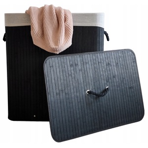 Cos Pentru Rufe / Jucarii, Cos Pentru Rufe, Knp-3, Bambus Natural, Trei Compartimente 3 x 50L, Structura Pliabila, Sac Din Bumbac Detasabil, 60 cm x 40 cm x 61, 5 cm, Negru