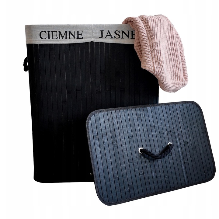 Cos Pentru Rufe / Jucarii, Cos De Rufe, Knp-2 Negru, Material Natural - Bambus, Sac Interior Cu 2 Compartimente Pentru Culori, Sac Detasabil, Capac Cu Maner, 52 cm x 32 cm x 60 cm, Negru