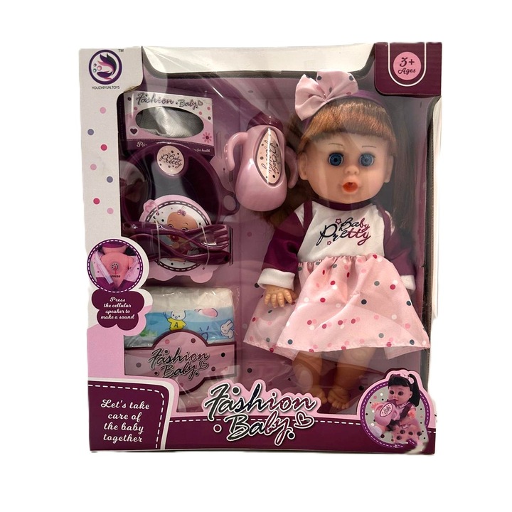 Set Papusa Bebelus, set cu Accesorii, 28 cm, Multicolor, Plastic