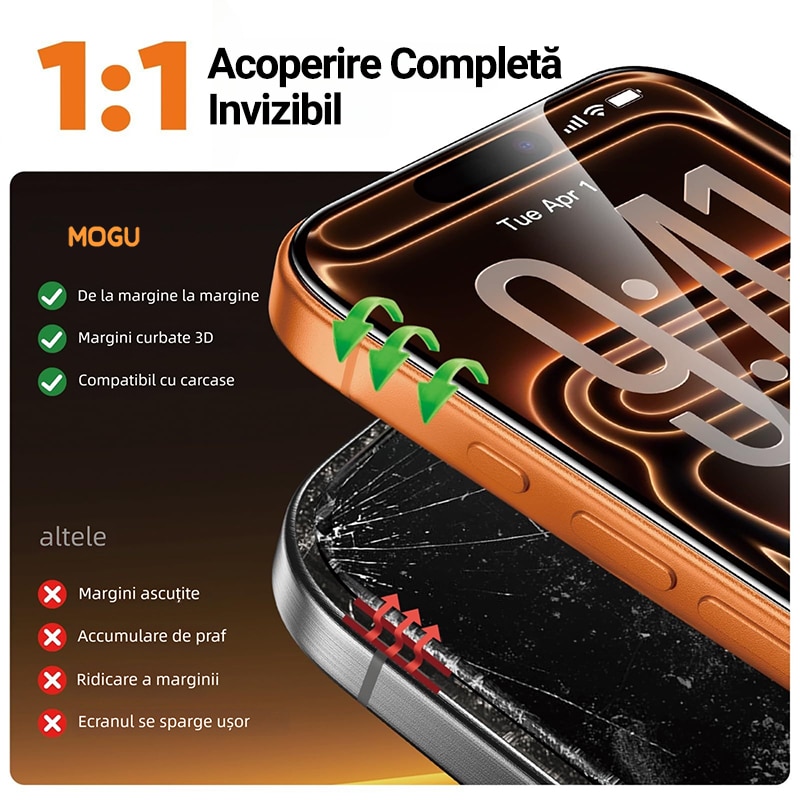 Folie de Protectie Pentru Telefon Mobil, Protector de Ecran Rezistent la Spargere de Calitate Militara Pentru iPhone 17, MOGU® Protectie Profesionala Ecran 3D, Acoperire Completa, Anti Zgarieturi, Ultra HD, Transparent