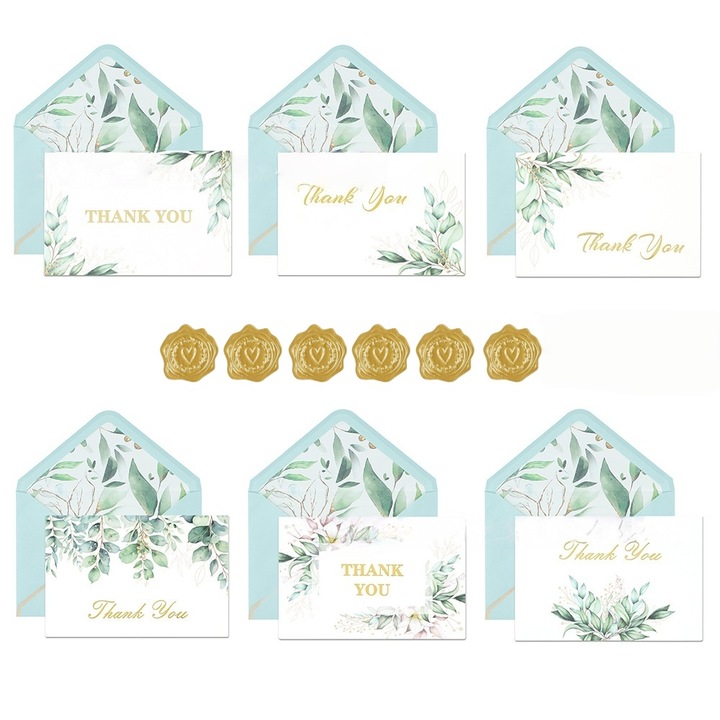Set de felicitari de multumire, continand 6 felicitari, 6 plicuri, 6 autocolante, albastru