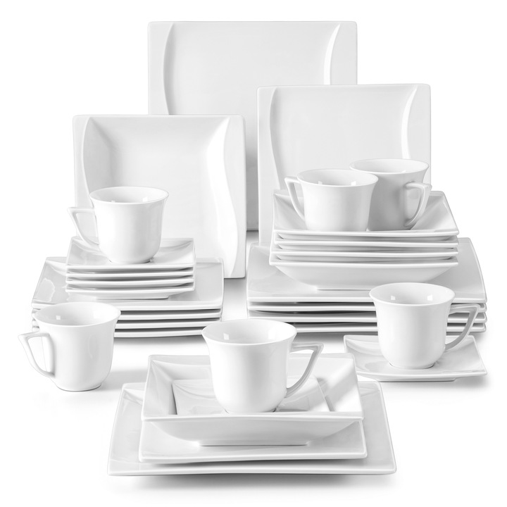 Set vesela din portelan Malacasa, 30 piese, alb ivoriu, pentru 6 pers, include farfurii de cina, desert, supa, cesti si farfurii de cafea