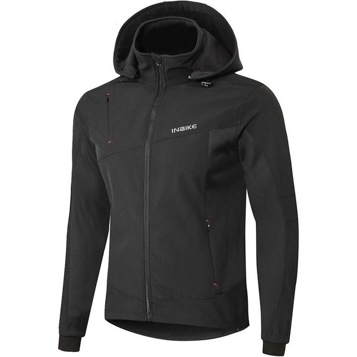 Jacheta Softshell pentru Barbati, Captuseala Fleece – Windproof, Respirabila, Calduroasa, Gluga Detasabila, Ideala pentru Sport si Iarna, cu Elemente Reflecorizante, Culoarea Neagra, Marimea 3XL